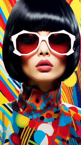  Pop art fashion photoshoot. Beautiful asian model  elaborate outfit  makeup and glasses. Vertical banner  tiktok or instagram story