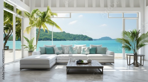 White sofa and palm trees in a modern living room with a beach view