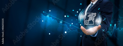 Project Management: Businessman Hand Holding Project Management Icon with Technological Icons. Planning and Organization, Resource Allocation, Team Coordination.