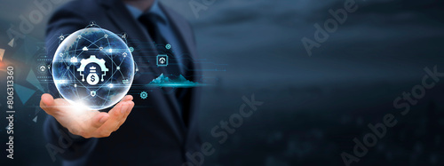 Asset Management: Businessman Holds Global Business Globe with Network Connected to Asset Tracking Systems, Financial Investments, and Portfolio Optimization Tools.