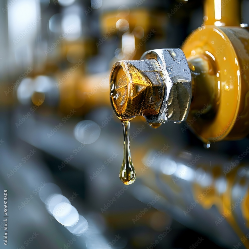 Macro shot of a dripping oil valve, highlighting the viscosity of oil and emphasizing themes of industry, mechanics, and resource management. Macro shot of a dripping oil valve, highlighting the viscosity of oil and emphasizing themes of industry, mechanics, and resource management.