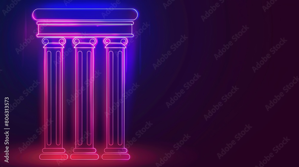 Pink and blue glowing neon classic columns on a dark background. Pink and blue glowing neon classic columns on a dark background.