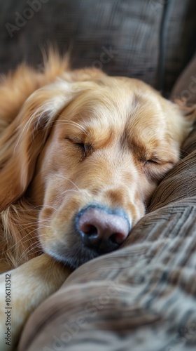 A dog with its eyes closed, peacefully sleeping on a cozy couch