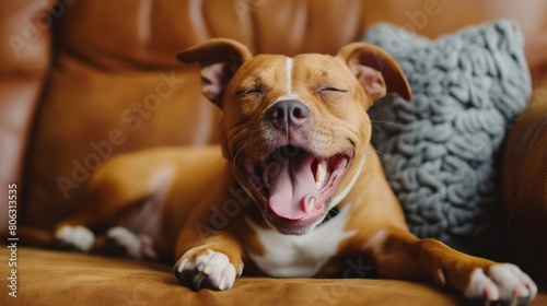 A dog sitting on a couch, yawning photo