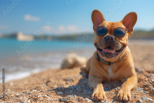 A French Bulldog relaxing with sunglasses on the beach © Hype2Art