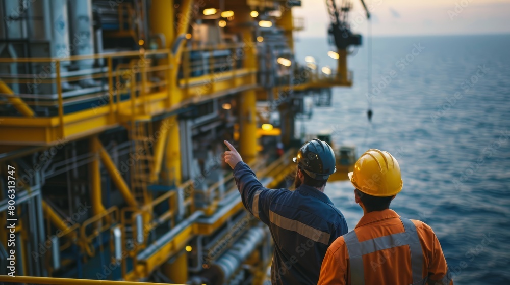 Two oil rig workers inspecting equipment, one pointing at a component, emphasizing teamwork and attention to detail.