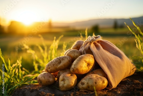 A burlap sack full of potatoes sits on the ground in a field at sunset. photo