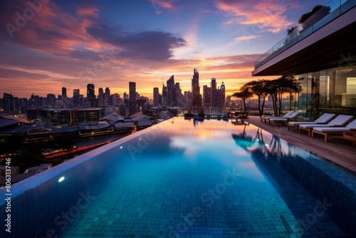 An Elegant Rooftop Infinity Pool with a Panoramic View of the Urban Jungle at Dusk