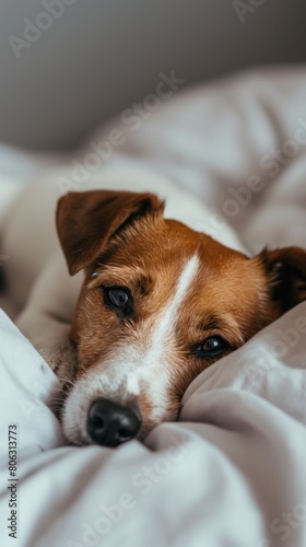 A brown and white dog resting atop a bed