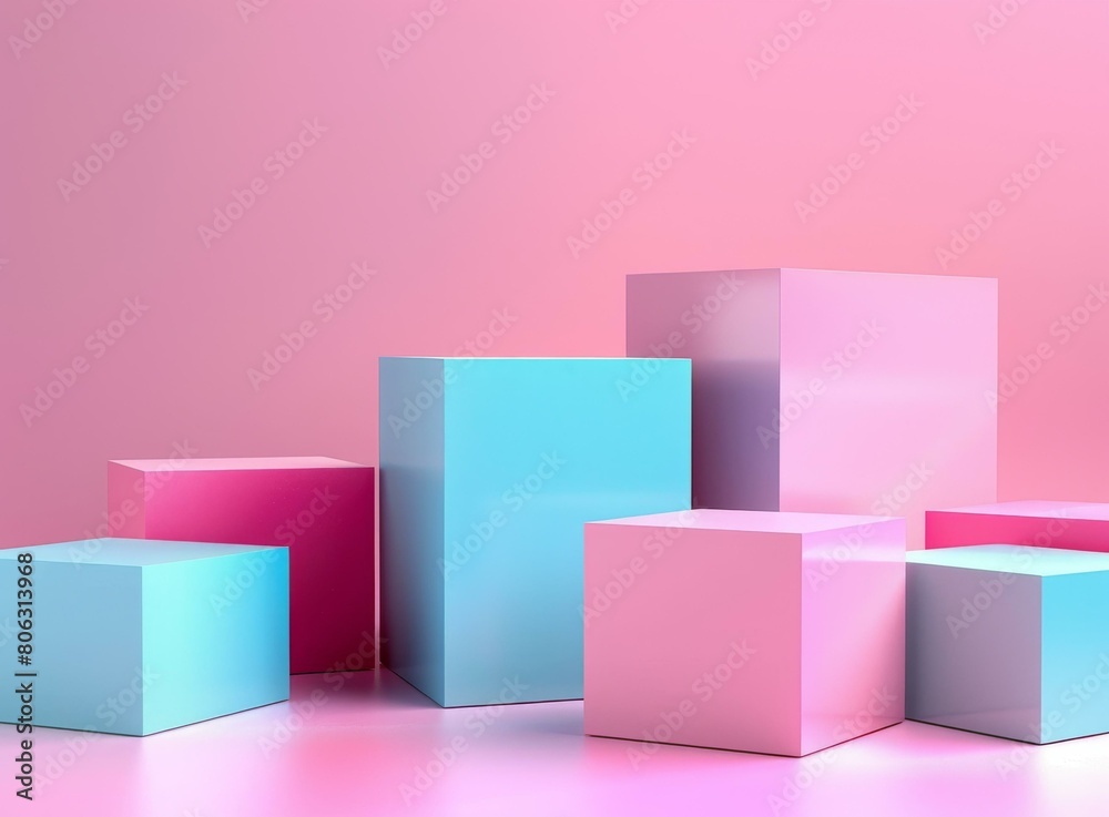 Pastel pink and blue podiums on pink background for product display Pastel pink and blue podiums on pink background for product display