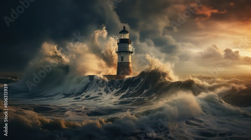 Stormy sea with lighthouse at sunset. photo