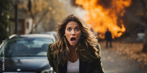 A woman screams in terror as a car explodes behind her