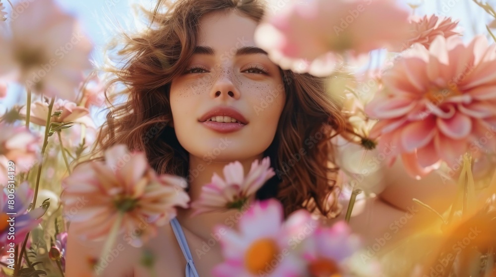 Close-up portrait of a beautiful young woman with freckles on her face, standing in a field of flowers Close-up portrait of a beautiful young woman with freckles on her face, standing in a field of flowers