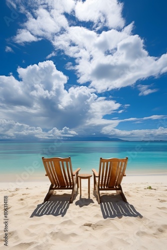 Two wooden lounge chairs sit on a beach with the ocean in the background