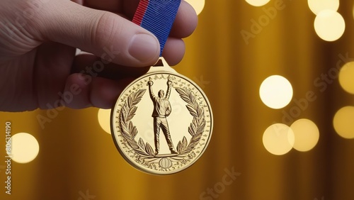 Gold medal on blurred shiny background, winner medal at olympiad or championship photo