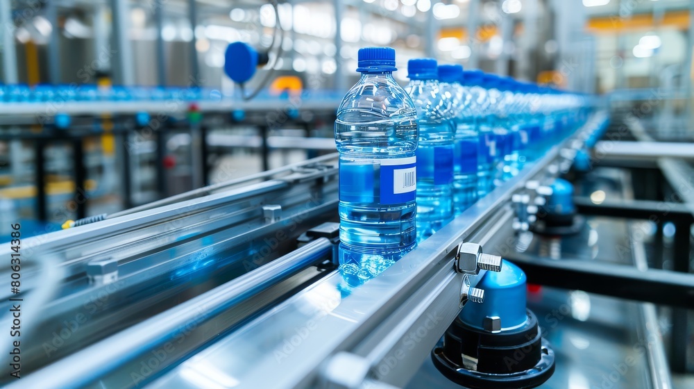 Beverage bottling production line in hygienic factory setting with plastic bottles Beverage bottling production line in hygienic factory setting with plastic bottles