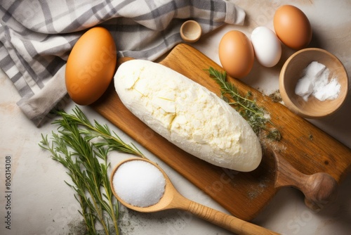 Fresh farm butter on a cutting board with eggs, salt and rosemary