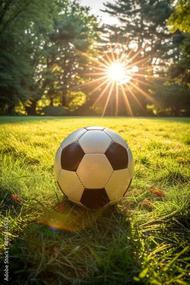 Fototapeta premium A soccer ball sits on the grass in a park with trees and sunlight