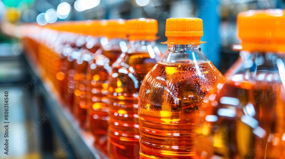 Automated bottling beverage production line in a clean and bright factory setting Automated bottling beverage production line in a clean and bright factory setting