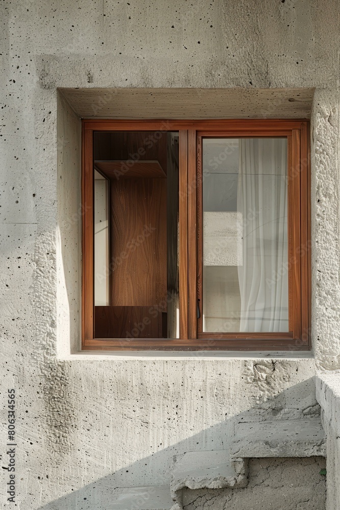 Fototapeta premium Small wooden-framed window on a rough concrete wall