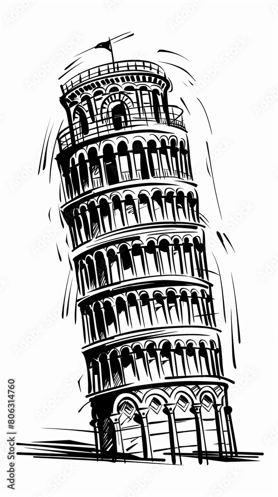 Black and white line drawing illustration of the Leaning Tower of Pisa