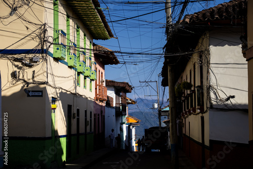 Beautiful streets at the historical downtown of the heritage town of Salamina located at the Caldas department in Colombia. Tangle of cables. photo