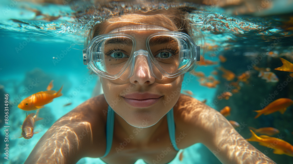 Naklejka premium Portrait of happy woman snorkeling in red sea surrounded by orange tropical fishes.