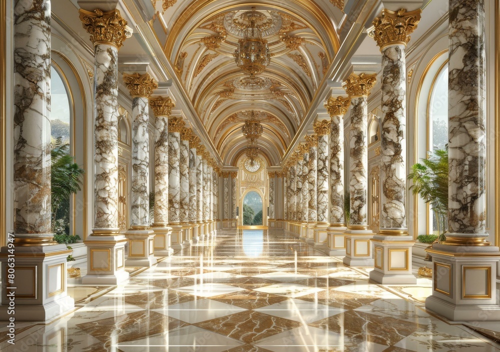 Fototapeta premium ornate hallway with marble columns and gold decorations