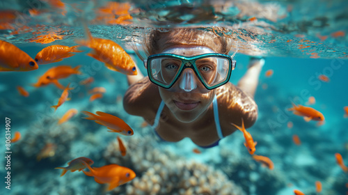 Portrait of happy woman snorkeling in red sea surrounded by orange tropical fishes. © _chupacabra_
