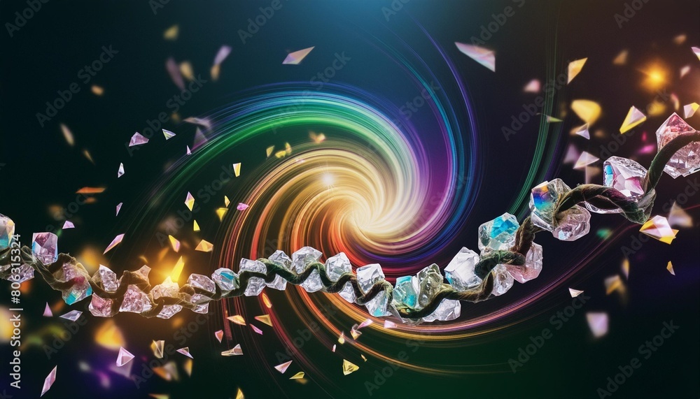 an illustration of a crystalized light swirl showing a multi colour rope effect with small stones breaking away