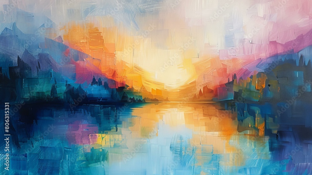 Impressionist painting of a mountain lake at sunset