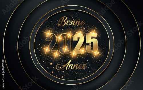 carte ou bandeau pour souhaiter une bonne année 2025 en or et noir avec des étoiles scintillantes dans quatre cercles or sur un fond noir