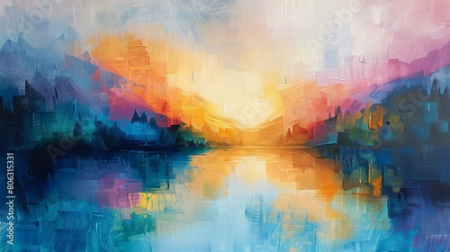 Impressionist painting of a mountain lake at sunset
