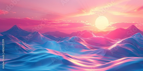 Pink and blue mountain landscape with a large sun in the sky