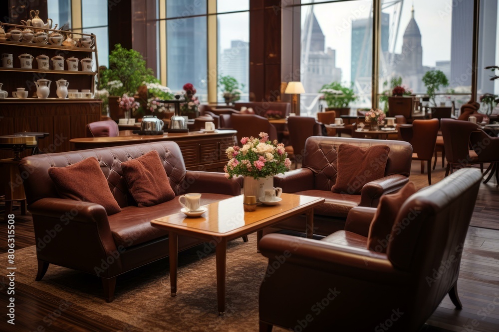 Luxurious hotel lobby with leather sofas and a view of the city
