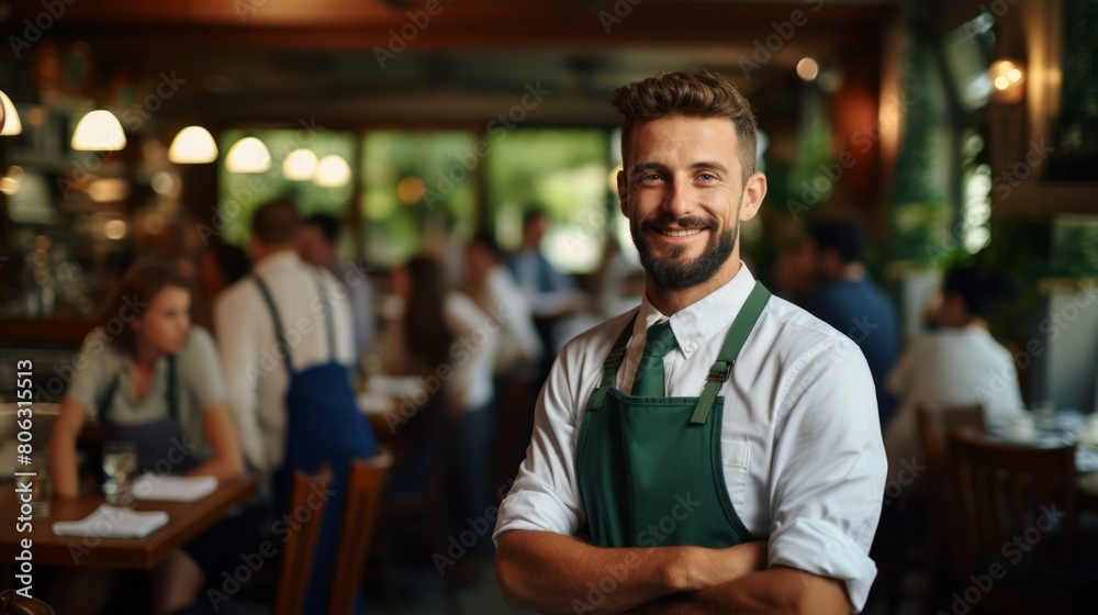 Portrait of a happy waiter in a busy restaurant Portrait of a happy waiter in a busy restaurant