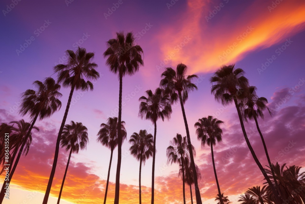 Palm trees at sunset in a tropical setting Palm trees at sunset in a tropical setting