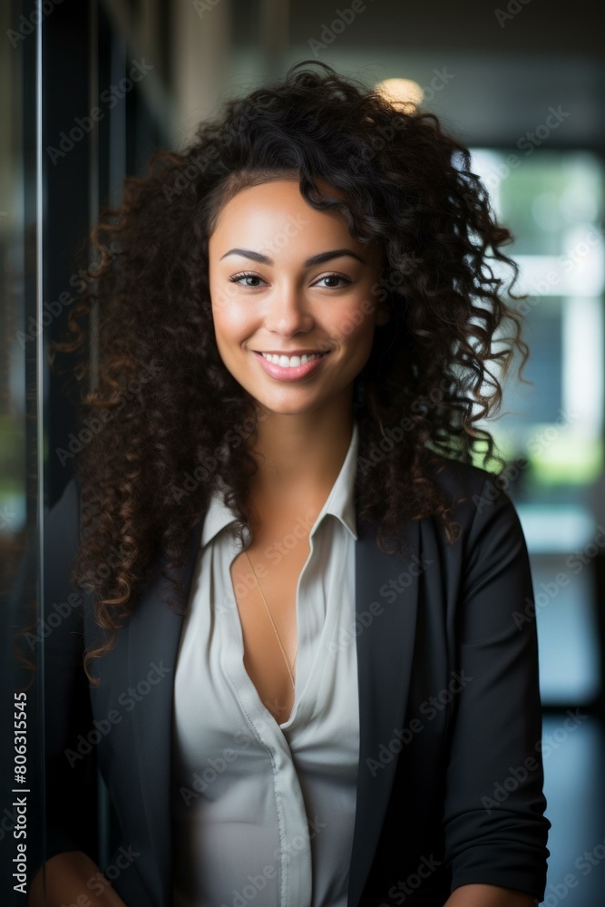 A young woman with long curly hair wearing a suit is smiling. A young woman with long curly hair wearing a suit is smiling.