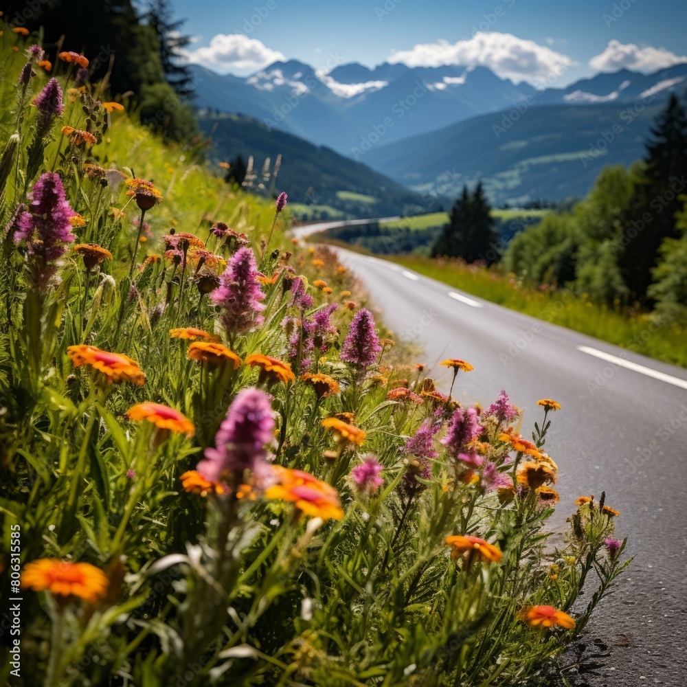 Fototapeta premium Road through a field of wildflowers with mountains in the distance