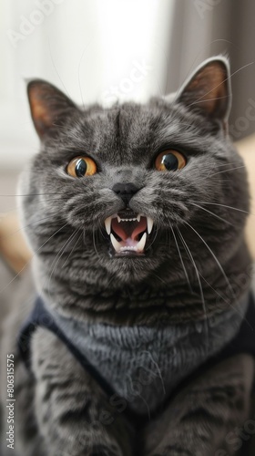A gray cat is baring its teeth and growling.