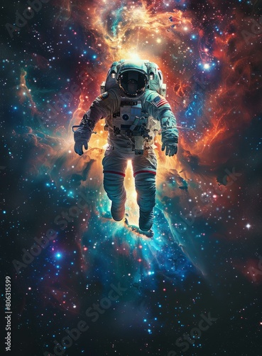 An astronaut in a spacesuit floating in the vastness of space