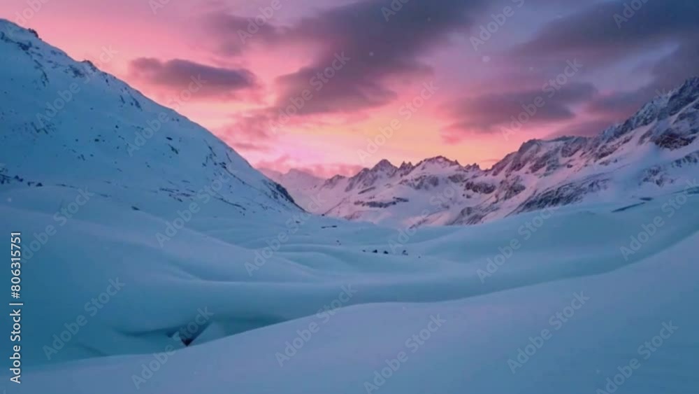Snow-covered mountains with a colorful sunrise breathtaking winter landscape, 4k High-Quality animation video