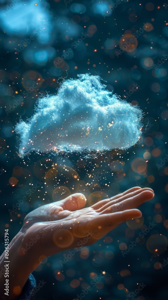 Fototapeta premium Hand holding a glowing cloud of light
