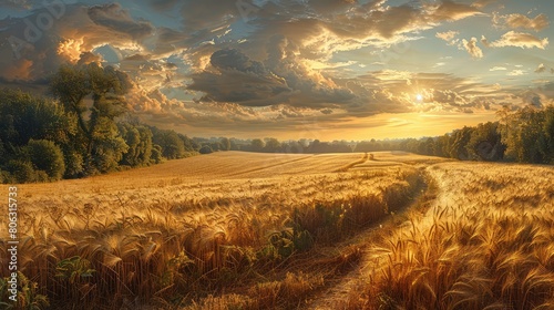 A field of golden wheat with a path through it
