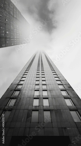 Black and white photo of a skyscraper reaching into the sky