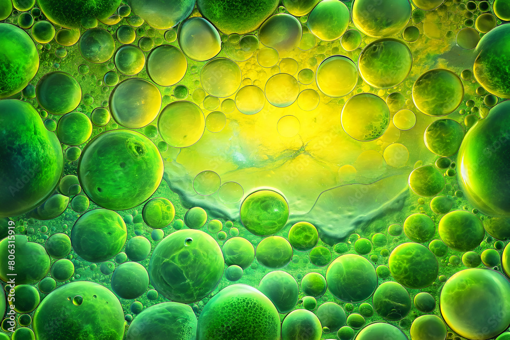 Artistic Rendering of Air Bubbles in Ice, Each Bubble Framed in Neon Yellow and Green Artistic Rendering of Air Bubbles in Ice, Each Bubble Framed in Neon Yellow and Green