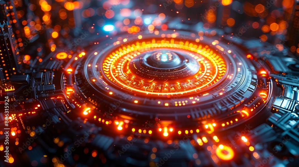 Futuristic city with lights and a circular structure. Futuristic city with lights and a circular structure.