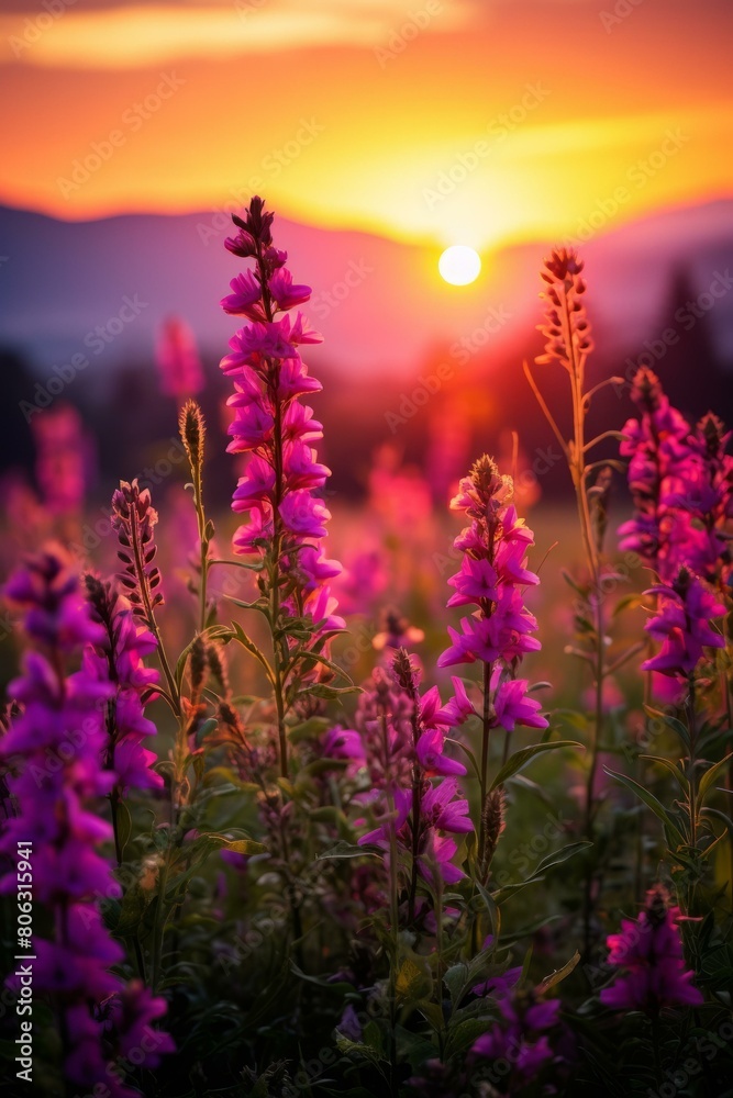 Obraz premium Field of purple flowers at sunset