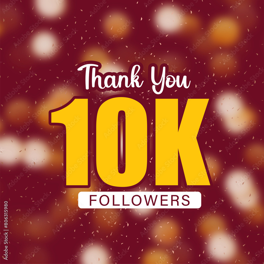 Thank You 10K Followers celebration happy post design with golden colors bokeh and dark red background
