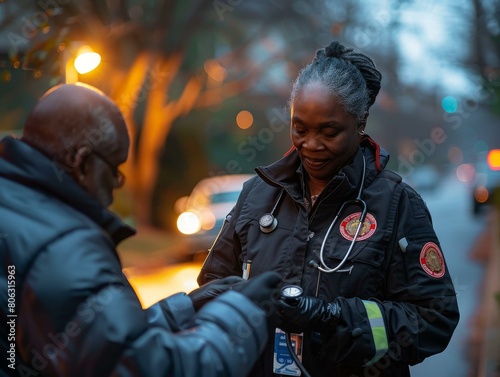 Black female paramedic talking to a patient photo